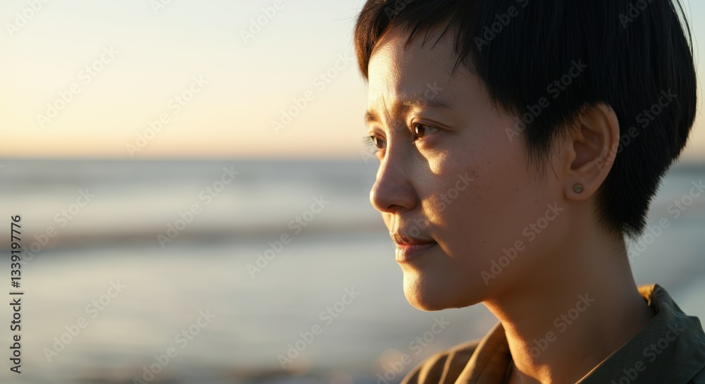 Asian female contemplating ocean sunset at beach Asian female contemplating ocean sunset at beach