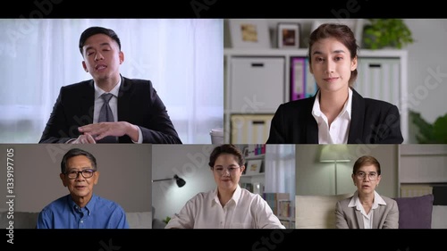Online business video conference for internal team meeting and external meeting showing  business persons of multiple genders and ages on screen