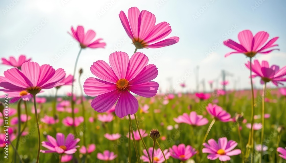 Vast pink cosmos flowers swaying gently in a field under a bright sky, rural, landscape Vast pink cosmos flowers swaying gently in a field under a bright sky, rural, landscape