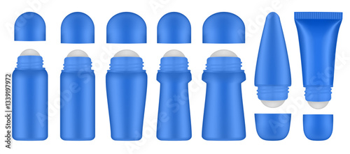 Set of blue roller ball bottles. Body antiperspirant deodorant roll-on, open blank bottles with screw cap. Realistic vector mockup. Roller Applicator	