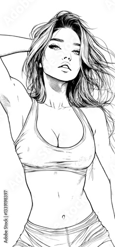 A woman's silhouette is depicted in a line art drawing, showcasing a creative and contemporary abstract piece, highlighting the beauty and elegance of the female form in a minimalist design suitable