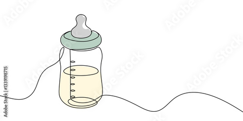 Simple continuous line drawing of a baby bottle with a nipple in color, symbolizing infant care, feeding, and parenting in a minimalist style. Baby bottle one line. Vector illustration