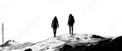 A mountain tourism concept is depicted in a simple black line drawing on a white background, featuring two tourists in the mountains