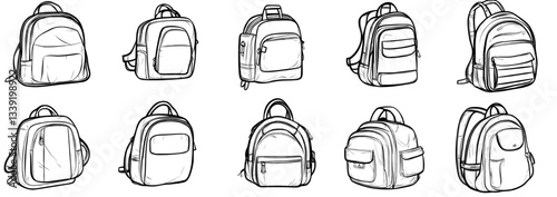 A modern black backpack is depicted in a sketch isolated on a white background as part of a line art drawing collection