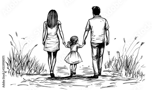 Modern illustration of a happy family in minimalist style, depicted as a continuous one line drawing of a mother, father, and child walking together