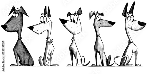 A set of animal cartoon arts featuring cute cats and dogs in black sketch clipart isolated on a white background, created with a hand-drawn modern outline illustration of pets in silhouette