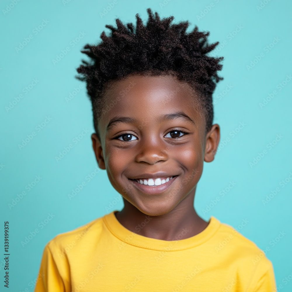 The joyful Afro American boy, around 8-10 years old, smiles brightly against a colorful background, ideal for modern advertising and promotional content The joyful Afro American boy, around 8-10 years old, smiles brightly against a colorful background, ideal for modern advertising and promotional content