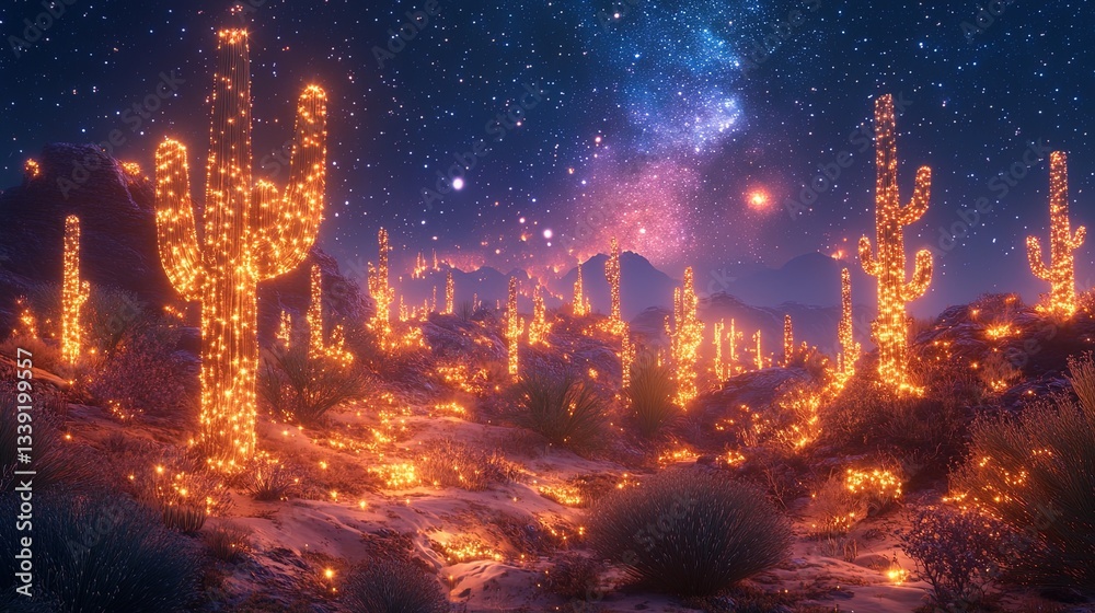 Fototapeta premium A glowing desert landscape with radiant cacti and floating sand dunes