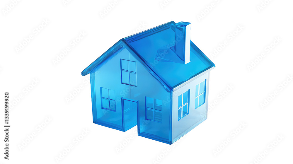 a stylized, glossy blue house with a translucent or almost glass-like appearance. It has a simple yet modern design, featuring windows, a chimney, and an open doorway on white background a stylized, glossy blue house with a translucent or almost glass-like appearance. It has a simple yet modern design, featuring windows, a chimney, and an open doorway on white background