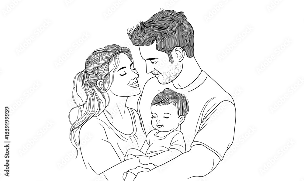 Happy Family art is represented through continuous line drawing and minimalist abstract illustration in modern EPS 10 format Happy Family art is represented through continuous line drawing and minimalist abstract illustration in modern EPS 10 format