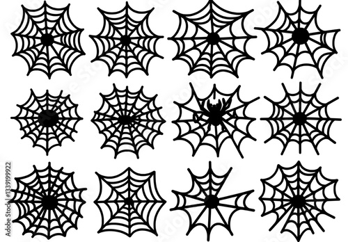 A set of spider webs, featuring modern sketch line drawings, is suitable for Halloween designs with black lines on a white background in a cute and simple minimalist style for fall themes