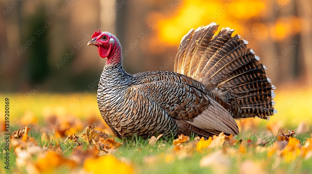 Fototapeta premium Female wild turkey displaying feathers in autumn leaves.