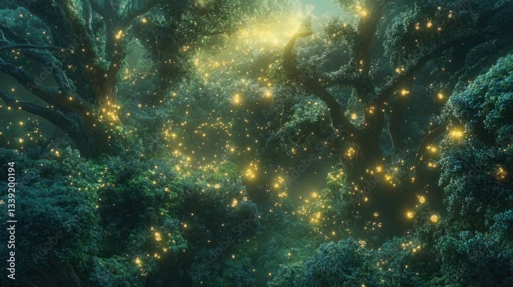 Naklejka premium Ethereal Forest Canopy Bathed in Glowing Lights: A Mystical Natural Ambiance