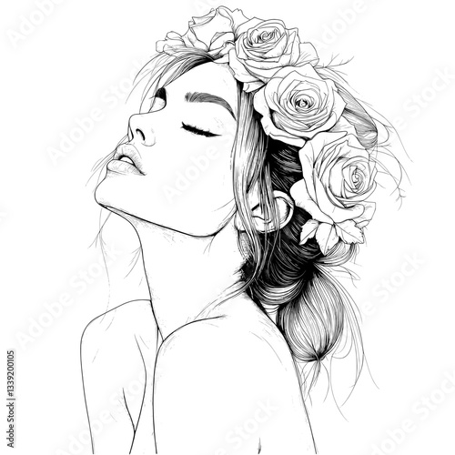 Modern abstract drawing featuring a female portrait adorned with flowers on her head, showcasing a trendy outline of feminine beauty