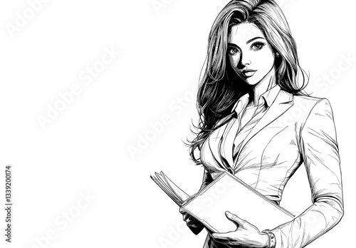 Modern illustration of a businesswoman in a standing pose, created using a single line drawing technique, suitable for minimalist design