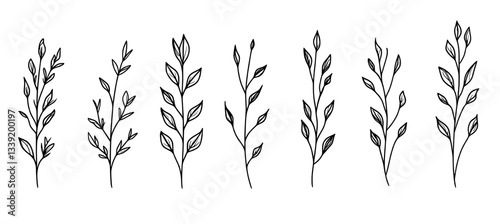 A minimalist set of plant sketches features a simple line drawing of flowers isolated on a white background in a modern EPS 10 format