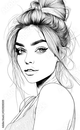 Trendy line art drawing of a female face, featuring an abstract woman's face in modern one-line illustration style, with minimalistic black lines
