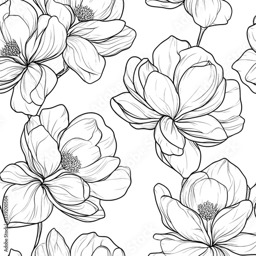 A minimalist design featuring magnolia flowers in a seamless floral pattern with a line art style, presented in black and white as a trendy botanical print and modern floral template for creative