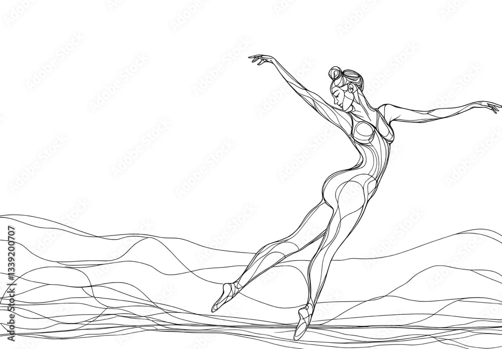 Fototapeta premium A woman ballerina is depicted in a continuous one-line drawing silhouette, accompanied by an abstract minimal outline illustration of a dancer, symbolizing a fitness concept with sport exercise