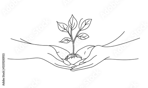A black sketch of a tree with leaves in hands isolated on a white background serves as an ecology symbol for modern design, featuring a one-line illustration of hands with a plant in a minimalist
