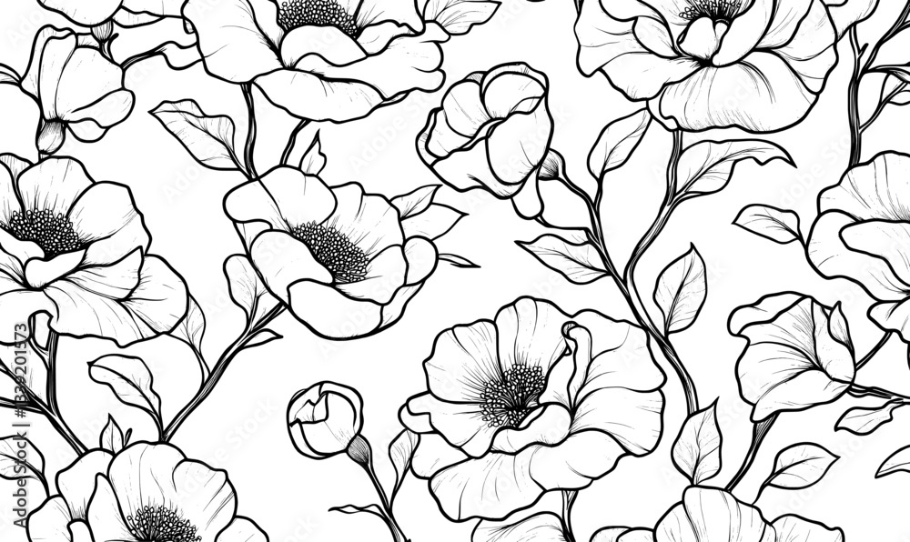 A modern EPS 10 floral seamless pattern features linear flowers and leaves in a trendy minimalistic print design with line art flower drawing and organic shapes, suitable for home decor and fabric