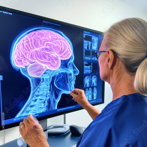 Dystonia neurological diagnosis. Movement disorder treatment. Muscle spasms therapy. Involuntary movements symptoms. Medical team discussing deep brain stimulation therapy in a clinical setting.