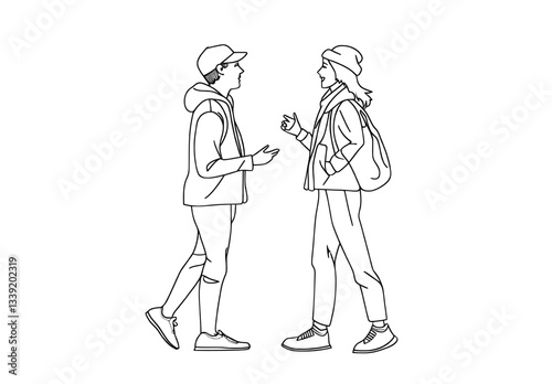 A minimalist drawing featuring a couple walking, created with continuous black lines on a white background, exemplifies modern design in trendy line art