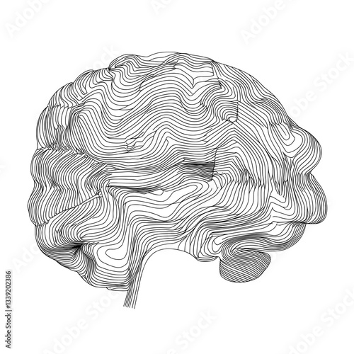 The illustration features a continuous line drawing of the brain in a trendy minimalist style, presented as a one-line abstract drawing with a modern EPS 10 format