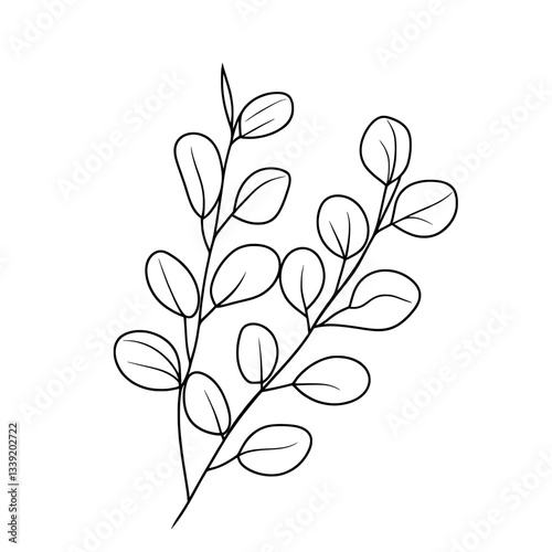 A minimalist floral design featuring eucalyptus leaves in a continuous one-line drawing style, presented as black and white botanical artwork in modern EPS 10 format