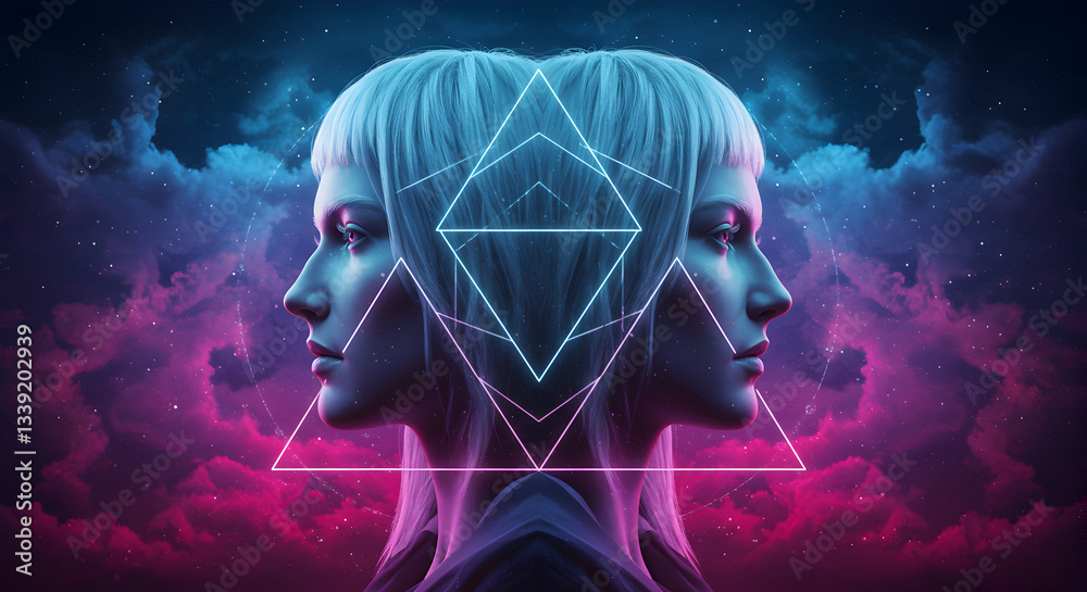 Digital artwork featuring a symmetrical futuristic portrait of twins with a radiant geometric energy symbol in the center, fantasy double exposure in neon blue and magenta