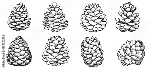 A compilation of cone illustrations, featuring a Christmas cone depicted in line art style, alongside a contemporary botanical representation of a pinecone set against a white backdrop
