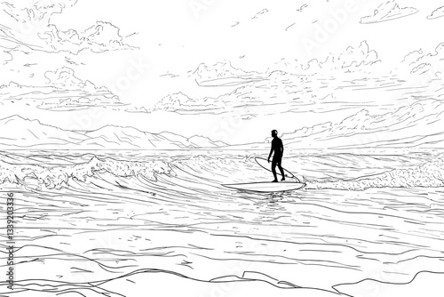 A continuous line art drawing of a male surfer represents the concept of surfing as a modern and abstract sport illustration