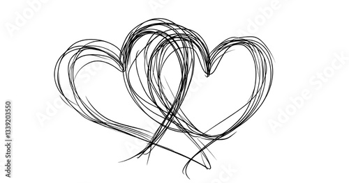 A trendy minimalist contour style drawing featuring two hearts in a continuous one line design, ideal for Valentine's Day, serving as a modern love symbol template