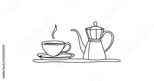 The illustration features a continuous line drawing of a coffee pot and cup in a trendy minimalist style, representing a coffee concept through one line abstract drawing
