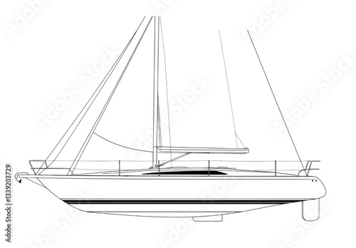 A modern sailboat is depicted in a continuous single line drawing, isolated on a white background, exemplifying minimalist hand-drawn style and contour art