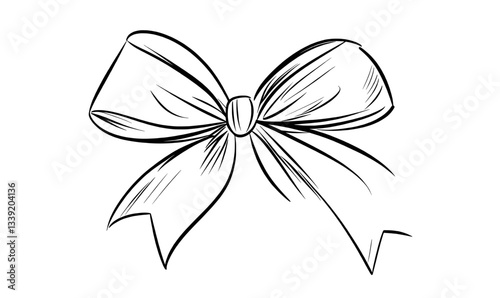 A bow rendered in continuous line art drawing style, depicted as a ribbon bow in black linear sketch, isolated on a white background, exemplifying modern minimalist illustration