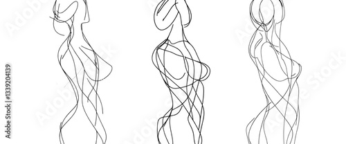 A set of three prints featuring women in line art, including a single-line drawing of the female body, is available as a modern minimalist illustration for wall art, posters, and social media, in EPS