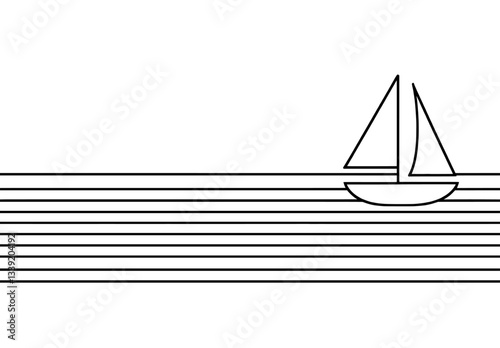 A sailboat is depicted in a continuous one line drawing, with the ship shown as line art in a black sketch isolated on a white background, presented as a boat in a one line monochrome modern