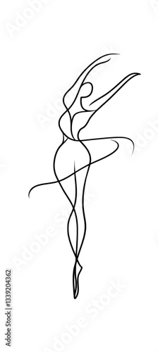 A woman dancer is depicted in a continuous single line drawing that showcases ballet dance in an abstract and minimal one line drawing style as a ballerina line art