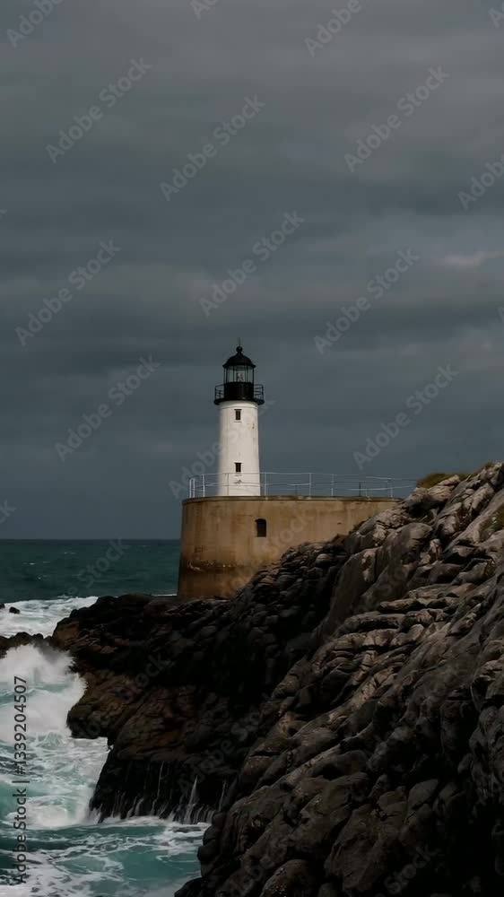 Majestic waves crash against lighthouse under stormy skies Majestic waves crash against lighthouse under stormy skies