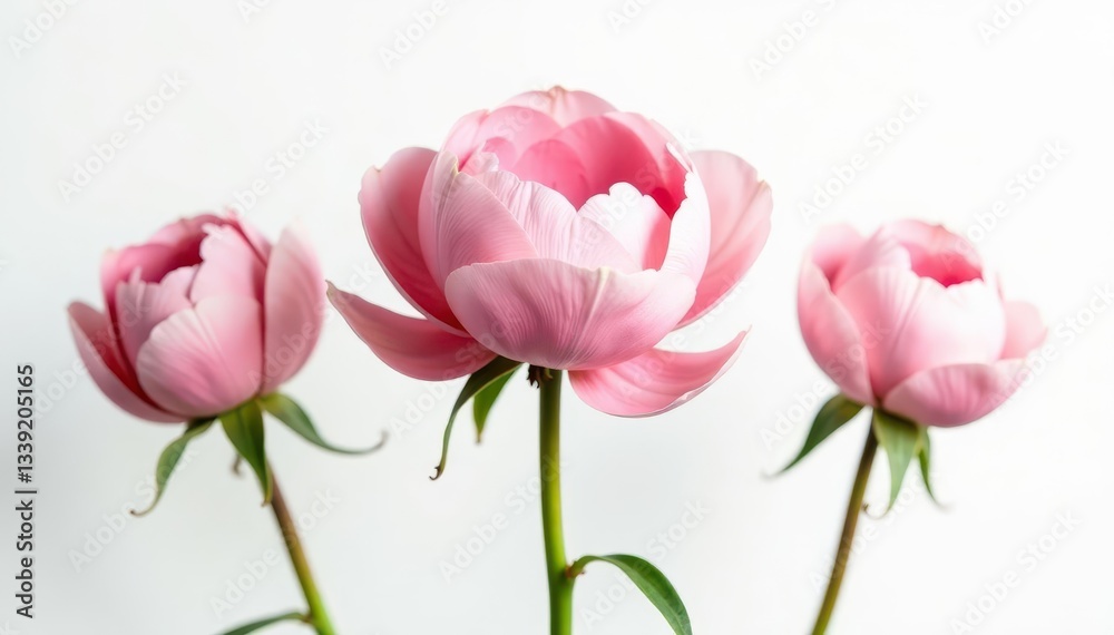 Three unopened peony rose buds, soft pink hues, pristine white backdrop , garden, light, summer Three unopened peony rose buds, soft pink hues, pristine white backdrop , garden, light, summer
