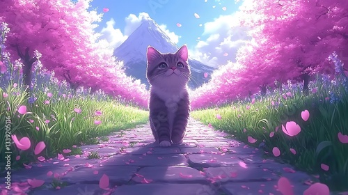 Cute kitten sitting on path in blooming cherry blossom garden.