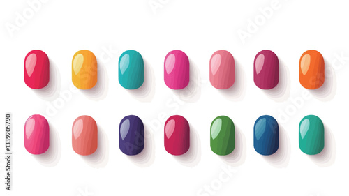 A digital illustration displays two rows of oval-shaped nail polish color swatches against a white background. Each swatch exhibits a high gloss finish, showcasing a variety of bright and vibrant