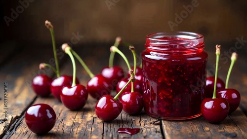 Artistic composition of cherry jam in a jar on a rustic wooden table with fresh cherries