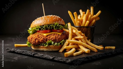 Artistic rendering of a chicken burger and crispy fries on a black surface