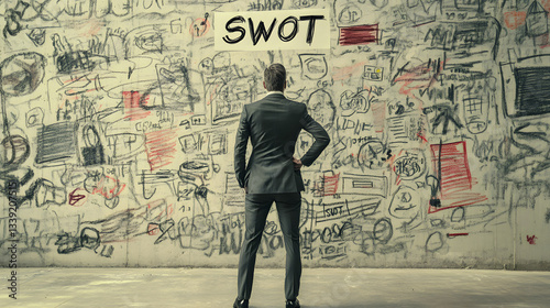 Businessman looking at chaotic SWOT analysis wall photo