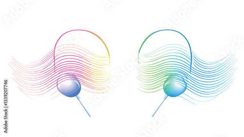 The image showcases a digital illustration featuring two pairs of stylized headphones.  Each pair is depicted with a pastel color scheme. One pair features pink, orange, and yellow gradient waves
