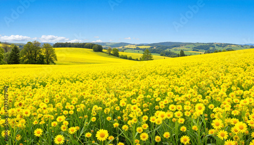 Bright summer yellow flower field under a clear blue sky