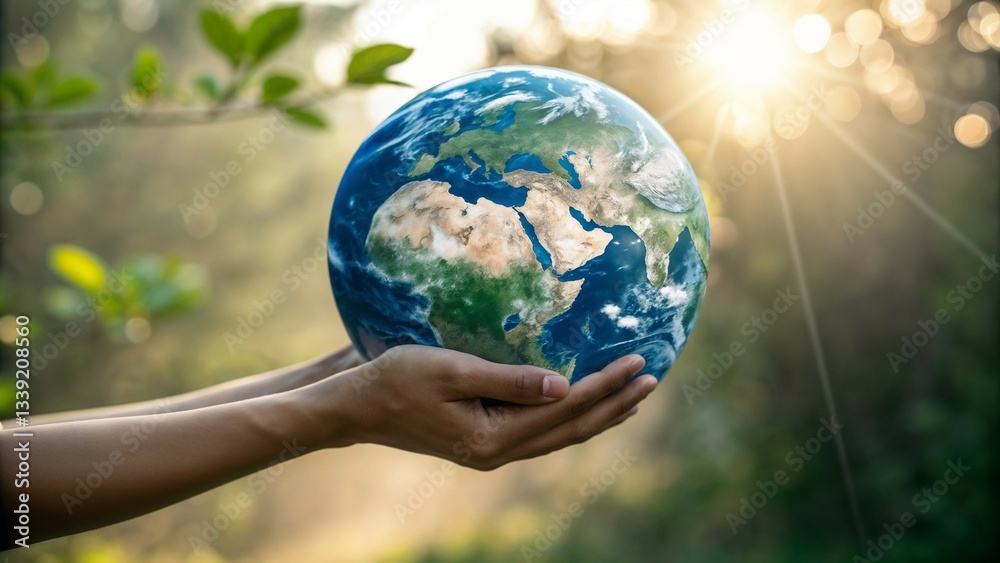 Hands holding a globe of Earth against a sunny natural background for Earth Day Hands holding a globe of Earth against a sunny natural background for Earth Day