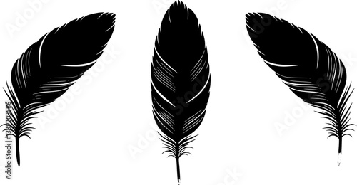 Feather silhouette, minimalist design, black and blue gradient, symmetrical composition, vector graphic style, clean lines, elegant simplicity, dual color scheme, abstract bird plumage 
